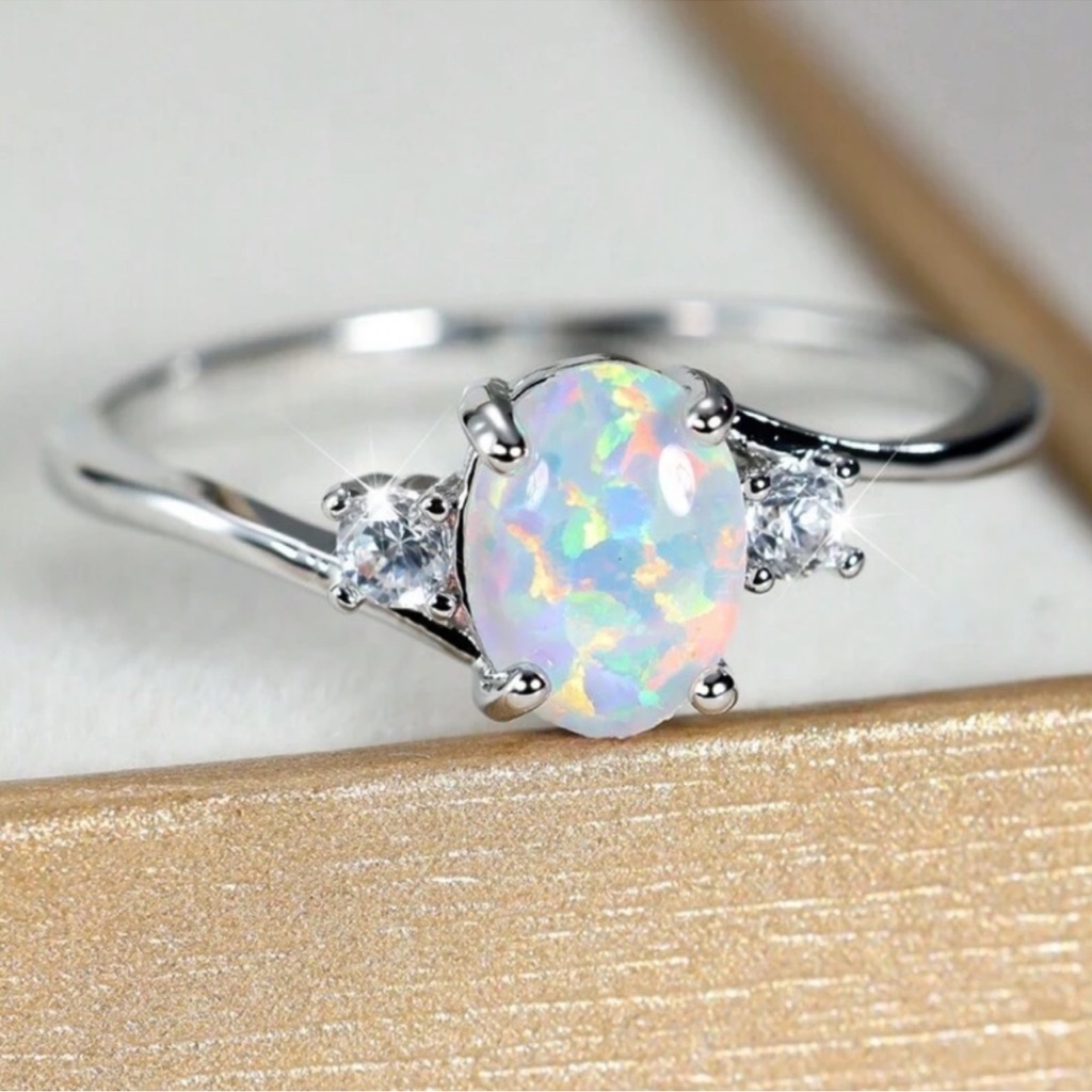 925 Sterling Silver Opal Cubic Zirconia Occasion Ring